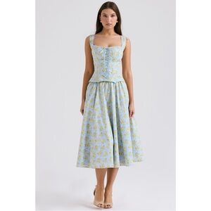 House of CB Cora Soft Blue Vintage Floral Print Cotton Midi Skirt 💙💛